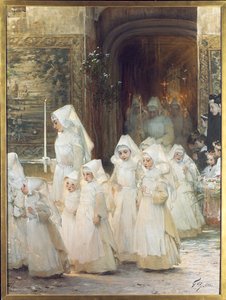 Prosesjon av unge jenter på konfirmasjonsdagen, L"hopital de Beaune, 1906 av Henri Jules Jean Geoffroy