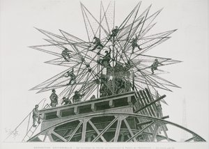 Universell utstilling av 1900: Installasjon av stjernen på toppen av Palace of Electricity (gravering)
