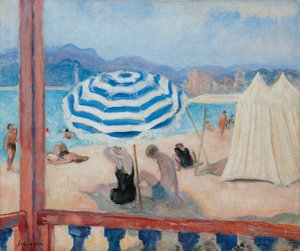 Stokker, blå parasoll og telt; Stokker, blå parasoll og telt, av Henri Lebasque