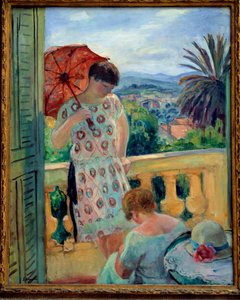 To kvinner på en balkong eller på balkongen, med utsikt over Esterel. Maleri av Henri Lebasque (1865-1937) 1925-1926, olje på lerret, 92,5 × 65 cm. Lyon, musee des Beaux Arts - To kvinner på en balkong eller balkong med utsikt over Esterel. Maleri Henri Le