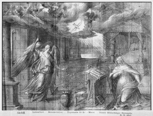 Life of Christ, Annunciation, forberedende studie av billedvev tegneserie for Church Saint-Merri i Paris, ca. 1585-90 (pierre noire und wash und white highlights on paper)