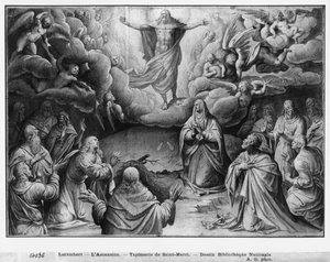 Life of Christ, Ascension, forberedende studie av billedvev tegneserie for Church Saint-Merri i Paris, ca. 1585-90 (pierre noire und wash und white highlights on paper) av Henri Lerambert