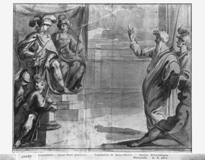 Life of Christ, St. Paul forkynnelse, forberedende studie av billedvev tegneserie for kirken Saint-Merri i Paris, ca. 1585-90 (pierre noire und wash und white highlights on paper) av Henri Lerambert