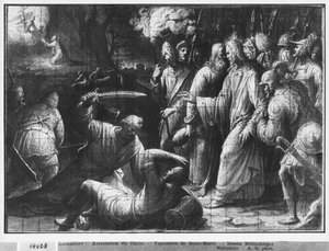 Life of Christ, the Arrest of Christ, forberedende studie av billedvev tegneserie for Church Saint-Merri i Paris, ca. 1585-90 (pierre noire und wash und white highlights on paper) av Henri Lerambert