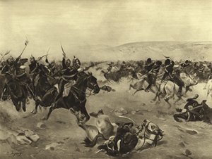 The Charge of the Heavy Brigade, Slaget ved Balaclava, 1854 (gravyr) av Henri Louis Dupray
