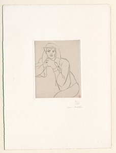 Ung kvinne med hendene foldet på ryggen av et møbel av Henri Matisse
