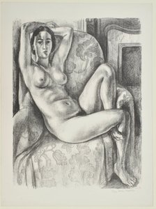 Akt med blå pute ved siden av en peis av Henri Matisse