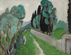 Landskap med sypresser og oliventrær nær Nice, ca. 1918 (olje på plate nedfelt på panel)