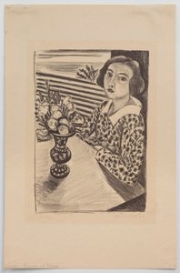 Sittende ung jente med en blomsterbukett av Henri Matisse