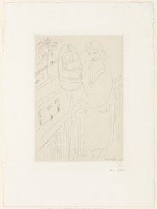 Ung kvinne på en balkong som ser på parakitter av Henri Matisse