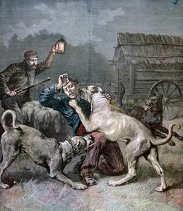 En kriminell angrepet av tre store hunder, 1891 av Henri Meyer