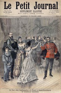 Tsar Alexander III hos Frankrikes ambassadør Greven av Montebello i St. Petersburg i 1893. Æres rutenett. Forside til Le Petit Journal 1893 (gravering) av Henri Meyer