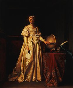 En dame i et interiør, i en gul satengkjole, med en globus på et bord ved siden av seg, sørger over mannens fravær, av Henri Nicolas van Gorp