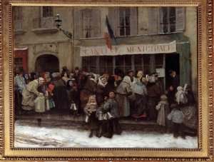 Kommunal kantine under Paris-beleiringen i 1870 parisere travle foran en kommunal kantine på tidspunktet for beleiringen av byen av prøysserne. Maleri av Henri Pille (1844-1897)