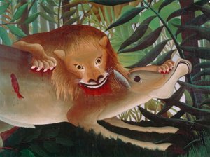 Løven, sulten, kaster seg på antilopen av Henri Rousseau