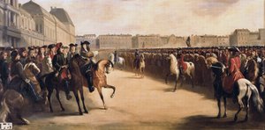 Tsar Peter I den store av Russland (1672-1725) akkompagnert av regenten Philip II hertugen av Orleans (1674-1723) under hans besøk i Frankrike gjennomgår de beredne troppene ved Tuileriene (Paris) 16.06.1717 av Henri Serrur