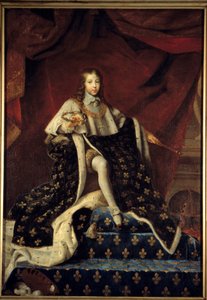 Ludvig XIV var 10 år gammel (1638-1715), representert i 1648 på sin trone i stor kongemantel, beskytter av Royal Academy of Painting and Sculpture, omgitt attributtene til vitenskap og kunst. Maleri av Henri Testelin (1616 - 1695) (h s/t 2.
