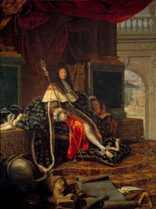 Portrett av Louis XIV (1638 - 1715) konge av Frankrike, beskytter av Royal Academy of Painting and Sculpture, med septeret til Charles V dit de Charlemagne. Maleri av Henri Testelin (1616-1695)