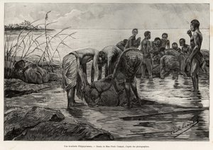 En flodhestslakterbutikk ved bredden av en sentralafrikansk elv. Gravering av Henri Thiriat for å illustrere historien "" La mission Crampel"", av Albert Nebout (1862-1939), i 1890, i Le tour du Monde 1892, regissert av Edouard Charton (1807-1891), Hachett av Henri Thiriat