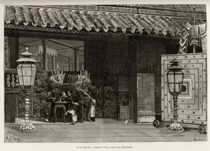 Kong Dong Khanh (1864-1889) Keiser av Annam, hjemme i den keiserlige byen Hue (Vietnam). Gravering av Thiriat, for å illustrere historien "" Trente mois au Tonkin"" av Dr. Charles Edouard Hocquard (1853-1911), i 1885, i Le tour du monde, nouveau journal de