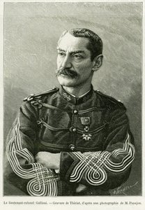 Oberstløytnant Joseph Gallieni (1849-1916). Gravering av Thiriat, for å illustrere historien To kampanjer i Fransk Sudan av Henri Thiriat