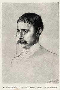 Portrett av Dr. Carl Peters (1856-1918) tysk oppdagelsesreisende. Gravering av Thiriat for å illustrere historien "" Au secours d