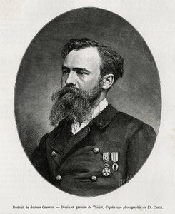 Portrett av Dr. Jules Nicolas Crevaux (1847-1882), lege og oppdagelsesreisende i Sør-Amerika (fra Fransk Guyana til Argentina), han interesserte seg veldig for studiet av moral og historien til befolkningen han møtte under sine reiser, han redisjonerte man av Henri Thiriat