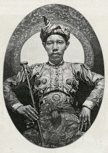 Portrett av Mohammed Yamalul Alam, sultan av Soulou (eller Sulu) (Filippinene), i 1880. Gravering av Thiriat, for å illustrere historien "" Reisen til Filippinene"" av Henri Thiriat