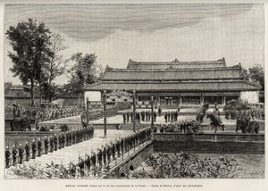 Høytidelig audiens gitt av kong Dong Khanh (1864-1889) keiser av Annam til representantene for Frankrike i den keiserlige byen Hue (Vietnam). Gravering av Thiriat, for å illustrere historien "" Trente mois au Tonkin"" av Dr. Charles Edouard Hocquard (1853- av Henri Thiriat