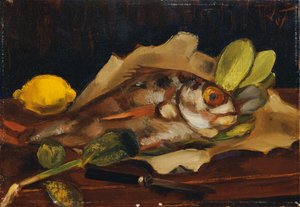 Fischstillleben mit Zitrone   1345196   no       norwegian Successfully Translated  Original: Heraldisk komposition: våbenskjold med tre opvendte violiner, hundekronet hjelm, omgivet af to figurer og to violinspillende putti, det hele hvilende på liggende  av Henri Victor Gabriel Le Fauconnier