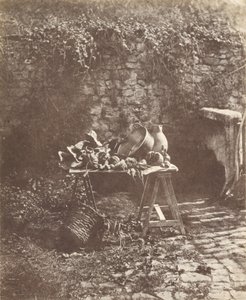 Stilleben- Kjele, mugge og grønnsaker på et bukkbord