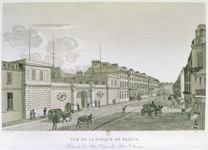 Bank of France fra Rue Croix-Petits-Champs, gravert av Eugene Dubois, 1800 av Henri after Courvoisier Voisin