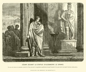 Julius Caesar foran en statue av Alexander den store i Spania, og beklaget omfanget av hans prestasjoner sammenlignet med at Alexander hadde nådd samme alder som hans død, c67 f.Kr. (gravering)
