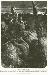 Julius Caesar, forkledd som en slave, avslører identiteten sin til mannskapet på en båt fanget i en storm mens han krysset Adriaterhavet, 48 f.Kr. (gravering)