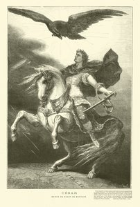 Julius Caesar på hesteryggen med en keiserørn over seg (gravering)
