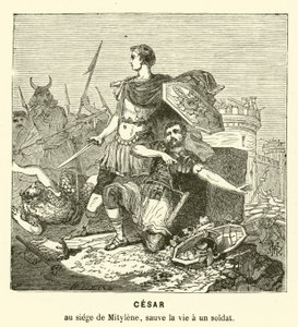 Julius Caesar reddet livet til en soldat ved beleiringen av Mytilene, Lesbos, Hellas, 81 f.Kr. (gravering)
