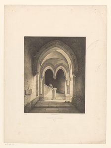 Interiør i et kloster med to munker i bakgrunnen Couvent de Carmes, Rouen (tittel på objekt) av Henri de Boug d