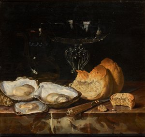 Stilleben med østers, brød og venetiansk vinglass, 1661. av Henri de Fromantiou