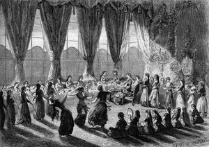 Mottak av europeiske damer i serailet til Kairo av visedronningen av Egypt. Tjenester bringer rettene mens musikere og dansere fremfører showet. 1800-tallet. Gravering av Henri de Montaut i ""The Illustrous World"" nr. 320 av 30. mai 1863.