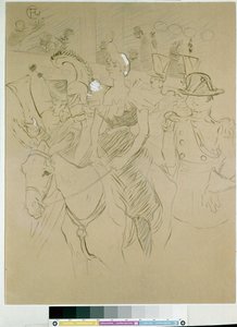 Karneval ved Moulin Rouge: inngangen til Cha-u-kao, ca. 1896 (kina-blekk med pensel, blyanter og hvitt på papir) av Henri de Toulouse Lautrec
