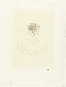 Portrett av skuespillerinnen Luce Myrès med fan Luce Myrès de profil av Henri de Toulouse Lautrec