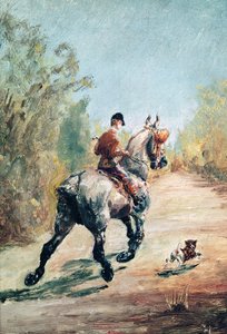 Travrytter med en liten hund, 1879