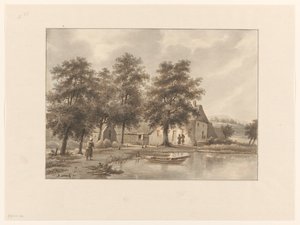 Utsikt over en gård ved vannet av Henricus Franciscus Wiertz (signed by artist)