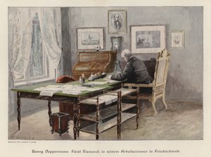 Otto von Bismarck i studiet hans i Friedrichsruh, Tyskland (farget gravering) av Henriette Deppermann