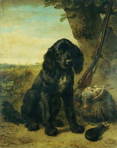 En flatbelagt retriever ved et tre (olje på lerret) av Henriëtte Ronner Knip