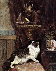 Katt som spionerer på en fugl i et bur - av Henriette Ronner av Henriëtte Ronner Knip