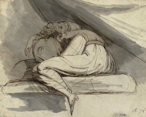 Kvinne sittende, krøllet sammen, etter 1778 (blyant, penn, brunt blekk og grå vask)