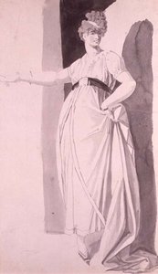 Ung kvinne med forseggjort kapsel stående med utstrakt høyre arm (blyant og vask) av Johann Heinrich Füssli