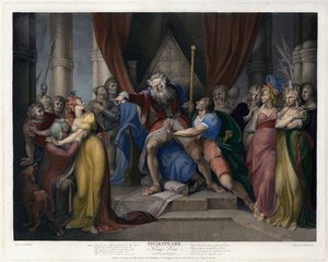 Scene fra Shakespeares King Lear (Act I, Scene I) (farget gravering)