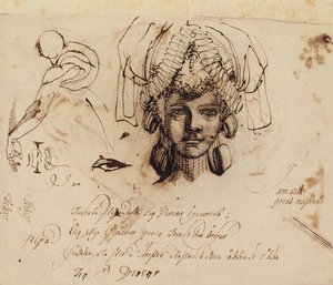 Mrs. Fuseli iført en forseggjort hodeplagg og studier av øye, munn og overkropp (penn og blekk) av Johann Heinrich Füssli